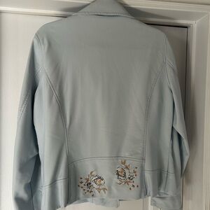Cleo Light Blue faux Leather Jacket with Floral Embroidery